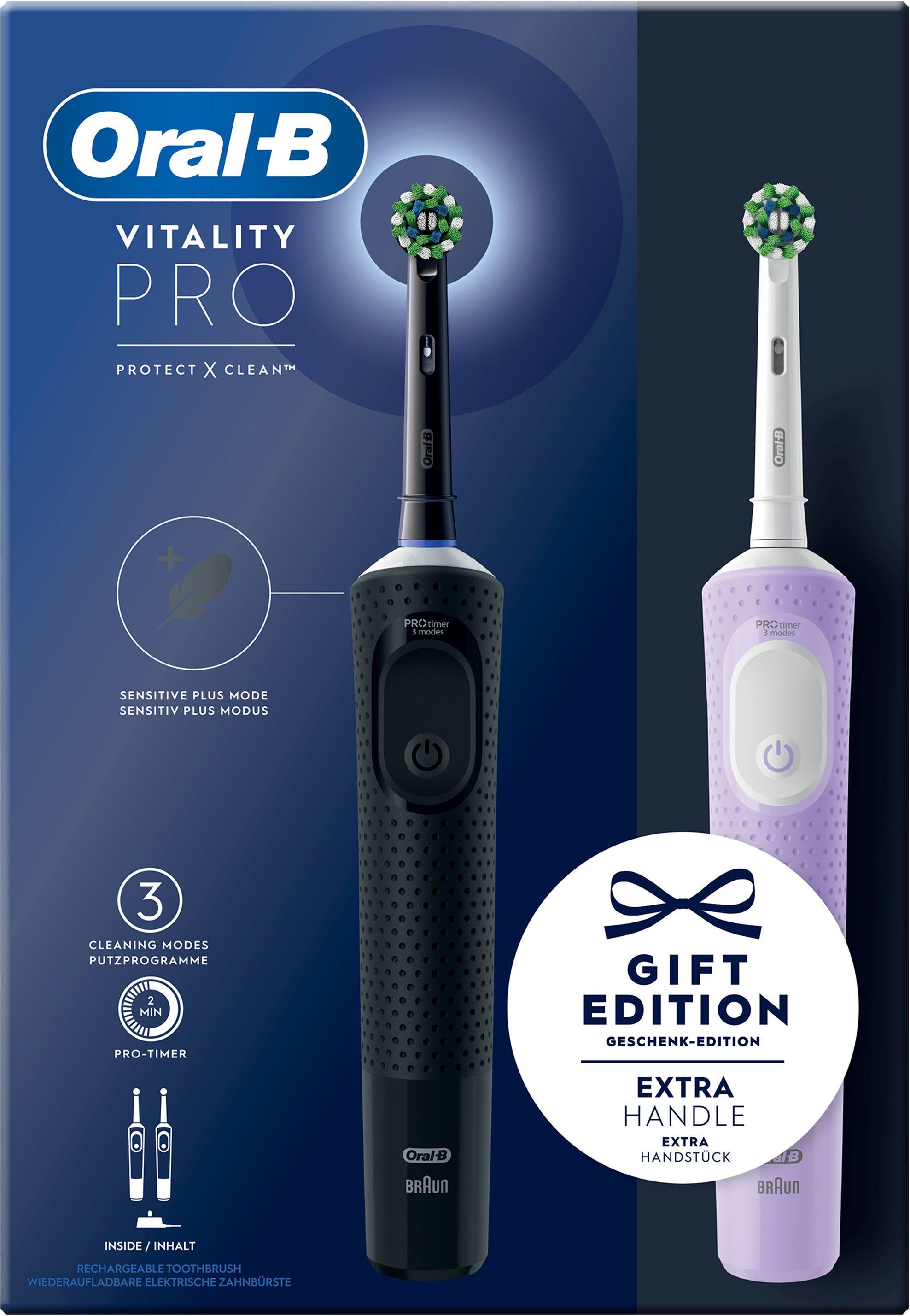Oral-B Elektrische Zahnbürste Vitality Pro, Aufsteckbürsten: 2 St., 3 Putzmodi, Doppelpack