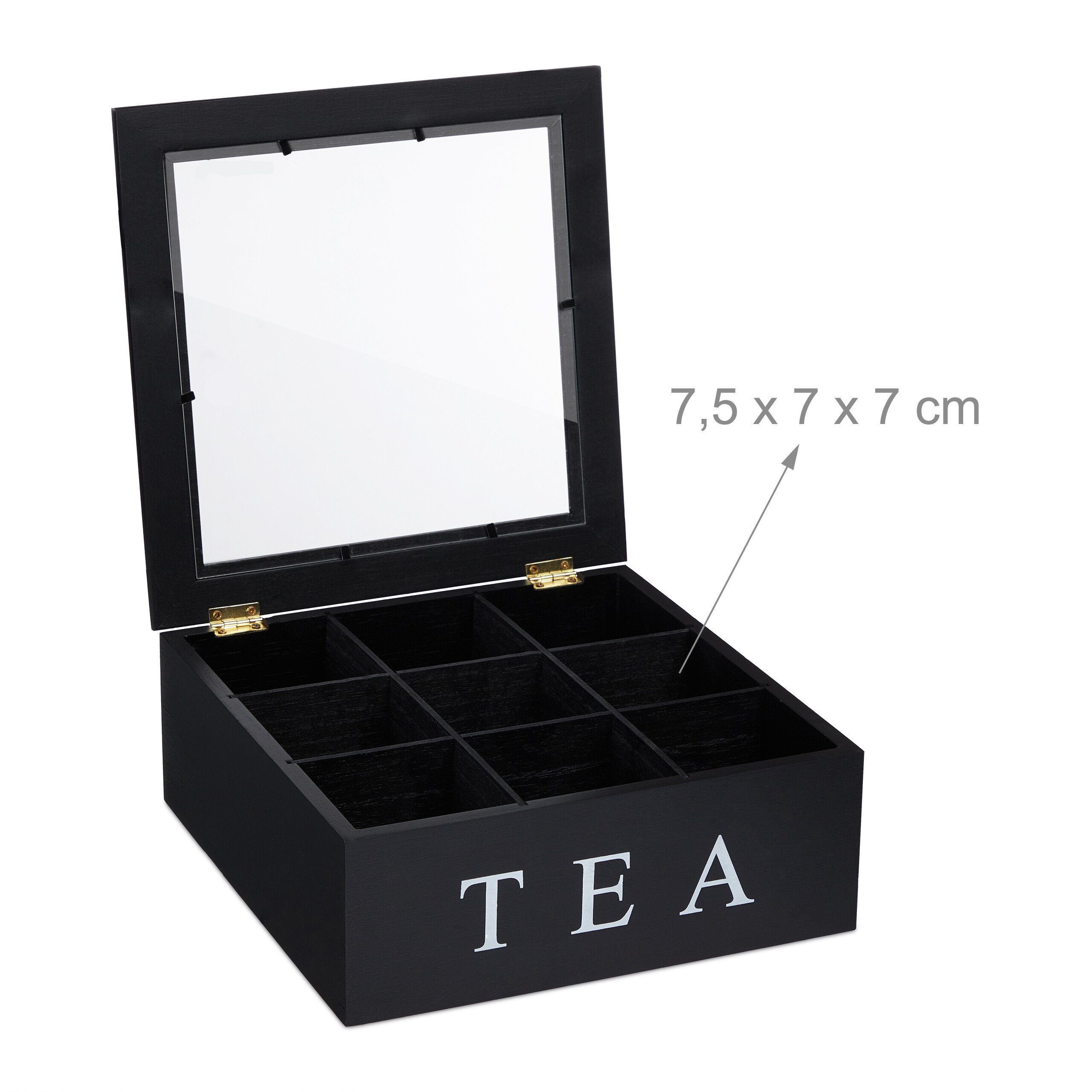 relaxdays Teebox Schwarze Teebox mit 9 Fächern, Bambus