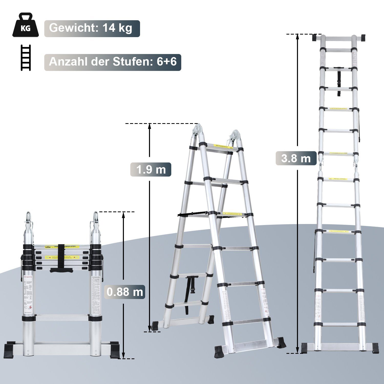 Lospitch Teleskopleiter Teleskopleiter Alu 1.9+1.9m mit Stabilisator Rädern Anlegeleiter