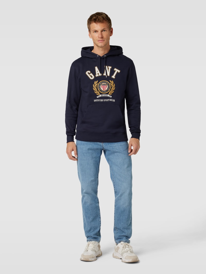 Hoodie mit Label-Stitching Modell 'CREST' in dunkelblau meliert
