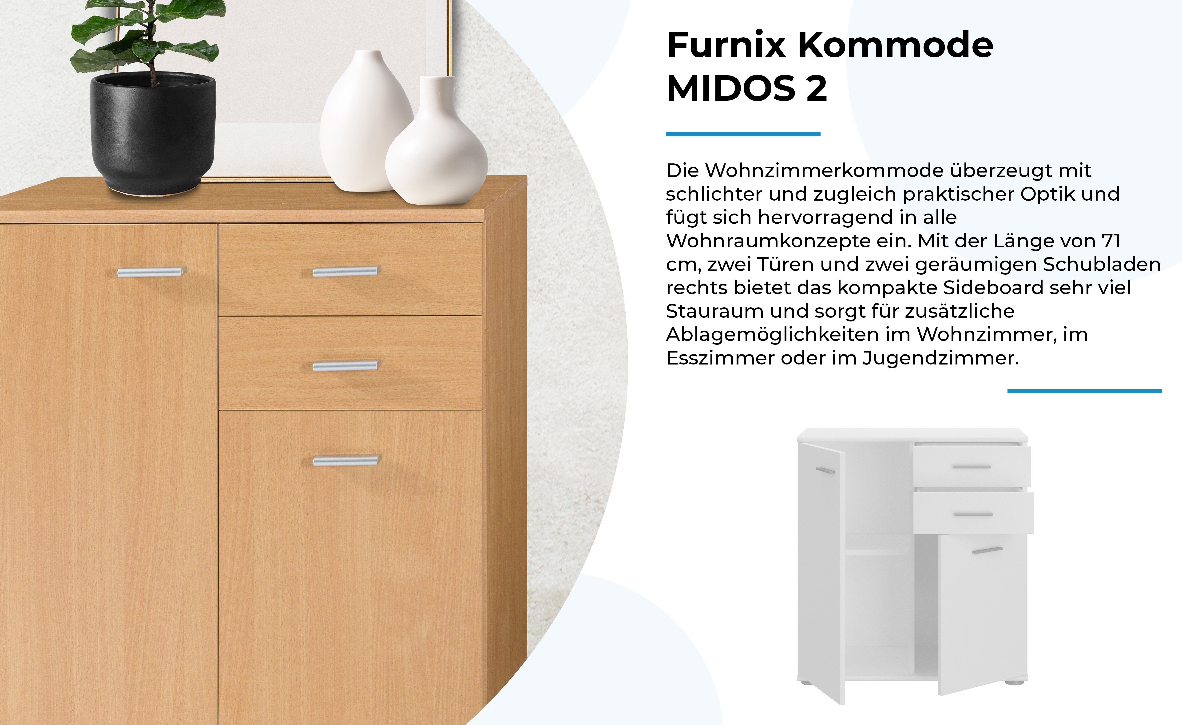 Furnix Kommode multifunktionaler klassischer Schrank MIDOS 2, mit 2 Türen und 2 Schubladen, B71 x H75 x T35 cm
