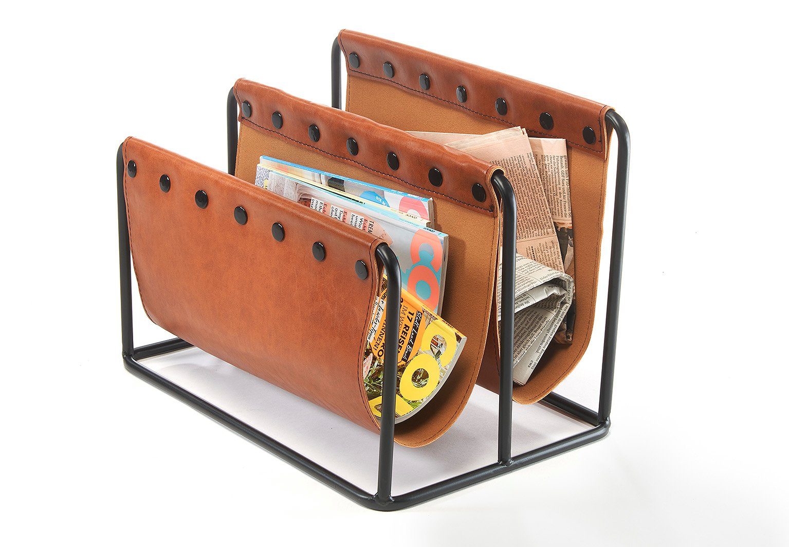 Kobolo Zeitungsständer Magazinsammler aus Metall und Kunstleder braun 38x25x27cm