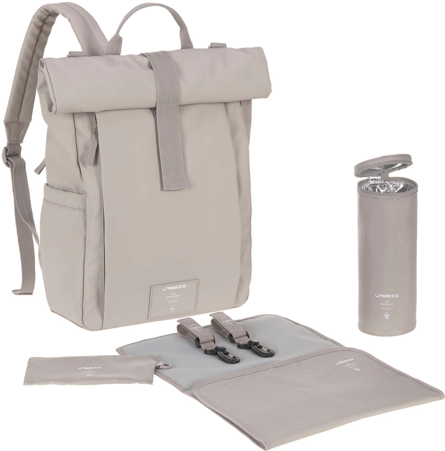 LÄSSIG Wickelrucksack Green Label, Rolltop Up, taupe, vegan; zum Teil aus recyceltem Material