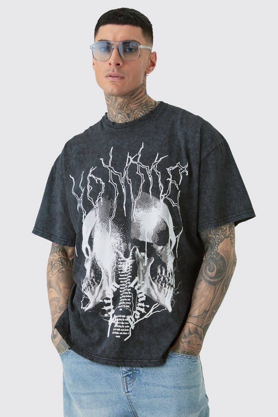 Tall zerrissenes Oversize T-Shirt mit Acid-Waschung und Gothic-Print
