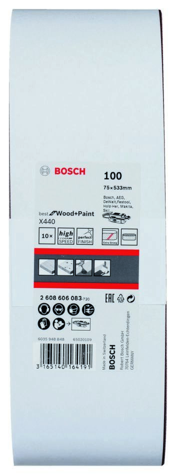 Bosch Blue Zubehör 2608606083 2607606083 Schleifband 75 x 533 mm K100 Ideal für Holz und Lack 10 Stück