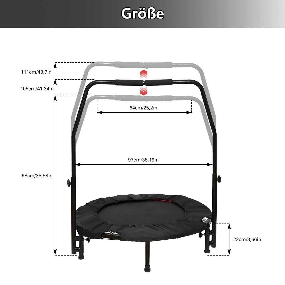 MULISOFT Fitnesstrampolin Fitness Trampolin Indoor Ø97/120cm Faltbar mit Haltegriff Metallfeder, Ø 97 cm, mit Randabdeckung, für Kinder und Erwachsene, Gartentrampolin