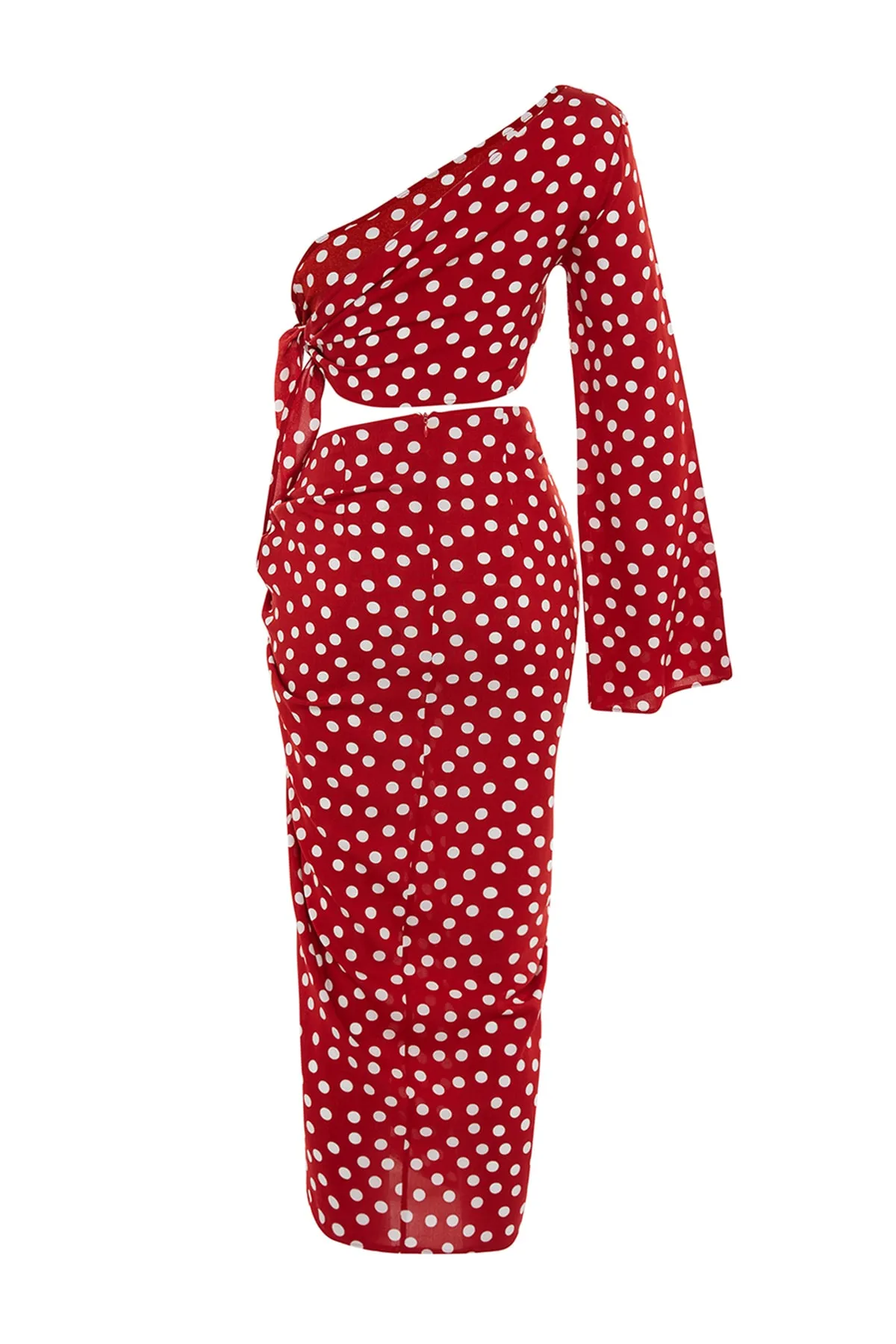 Trendyol Collection  Gewebtes Blusen-Rock-Set mit gepunktetem Punktmuster und Schlitz, einzelne Schulter, TBESS23AU00086