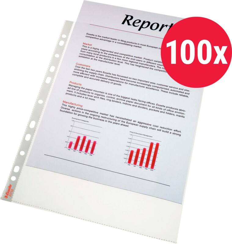 Esselte Prospekthüllen DIN A4 Genarbt Transparent 70 Mikron PP (Polypropylen) Oben 11 Löcher 237520T 100 Stück