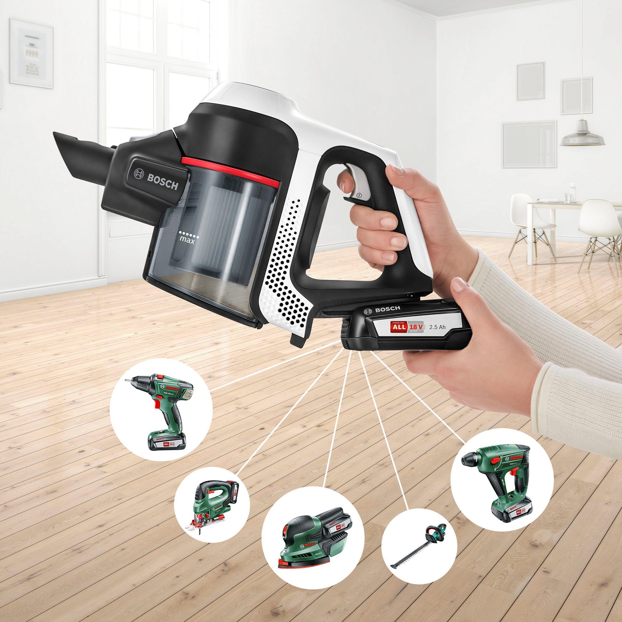 BOSCH Akku-Stielstaubsauger Unlimited Serie 6, weiß, BCS611AM, beutellos, 18V Power for ALL Akku, inkl. Möbelpinsel und Polsterdüse