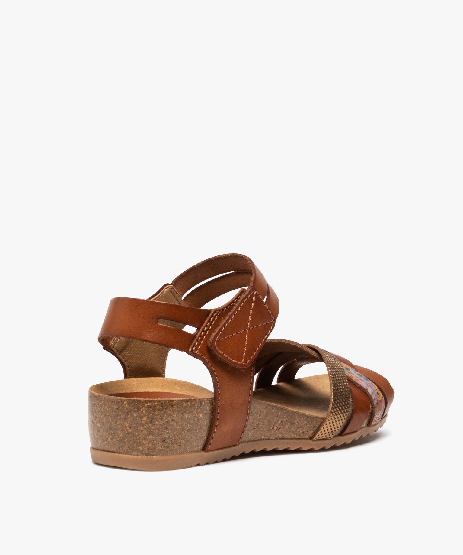 Sandales femme confort dessus cuir avec brides scratch camel | GEMO