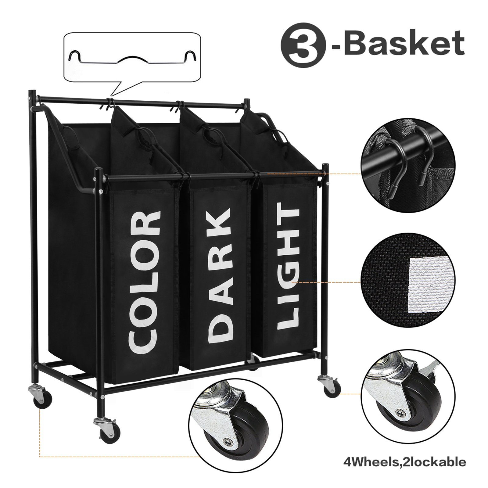 Mondeer Wäschekorb Wäschesortierer, Wäschesammler, 3 Fächer, 3 abnehmbaren Stofftaschen, mit Rollen, 74 x 38.5 x 79