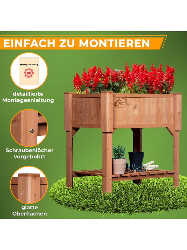 Coemo Hochbeet aus Holz mit Pflanzfolie und Ablage in Natur günstig kaufen