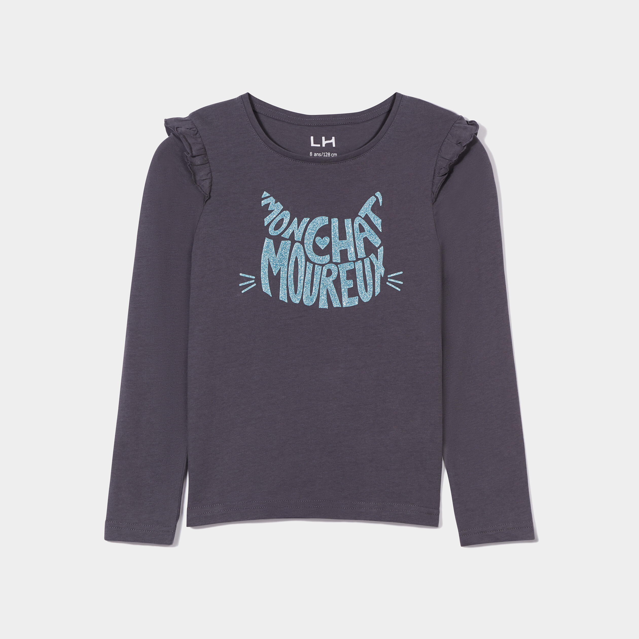 T-shirt à volants manches longues coton gris foncé fille | La Halle