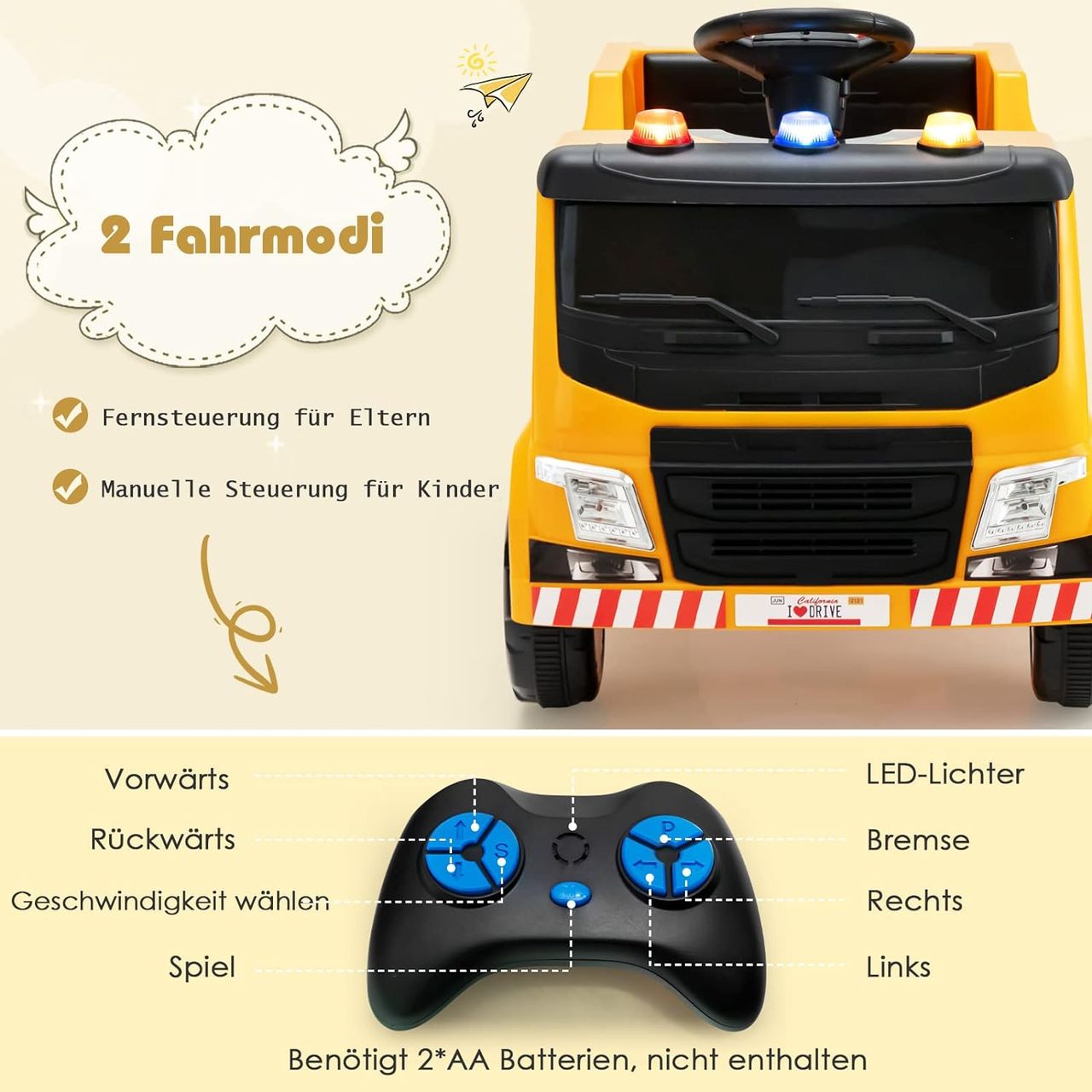 Costway 12V Kinder Aufsitz Müllwagen mit Musik, Hupen und Licht
