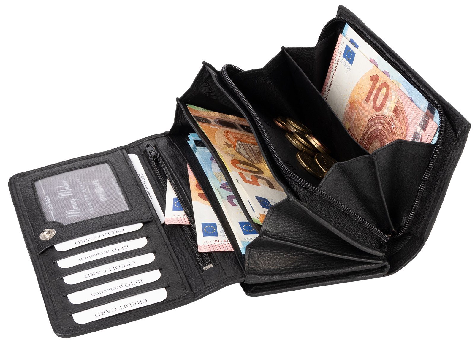 Money Maker Kellnerbörse RFID Damen Geldbörse Portemonnaie Geldbeutel Damenbörse Leder 14 Karte, Damen Geldbörse klappbar mit Drückknopf Portemonnaie Geldbeutel