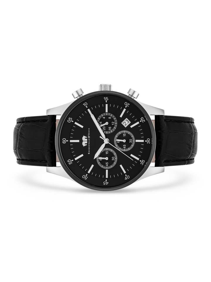 Rhodenwald & Söhne Herren Chronograph silber/schwarz Echtleder schwarz in schwarz günstig kaufen 21,5 cm