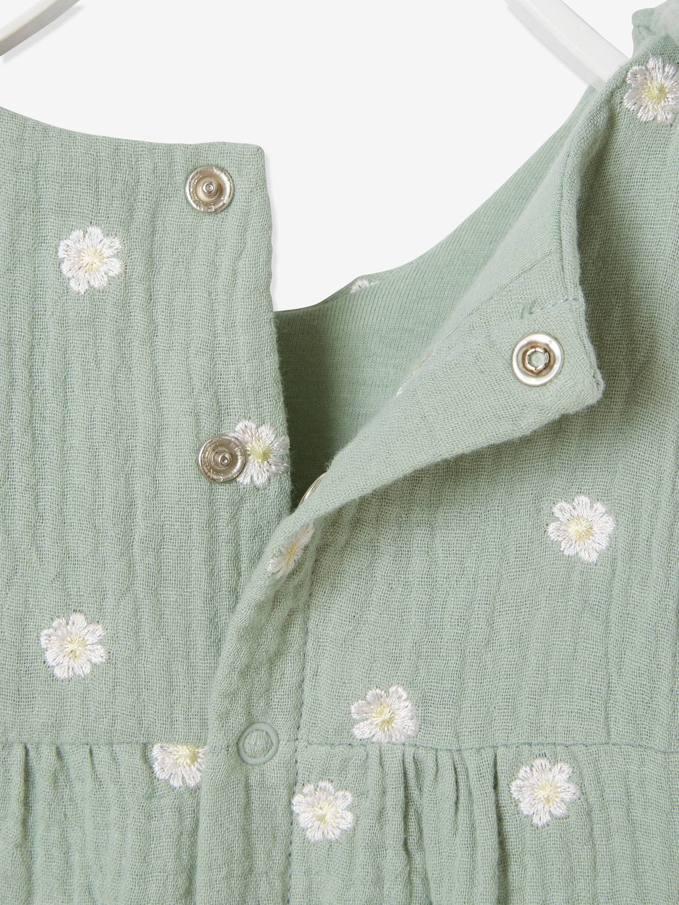 Combinaison bébé naissance brodée en gaze de coton tilleul