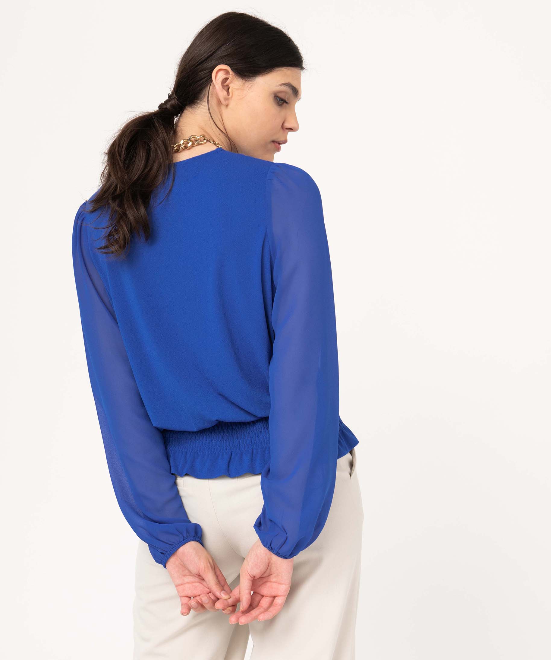 Tee-shirt fluide à manches longues en voile femme bleu | GEMO
