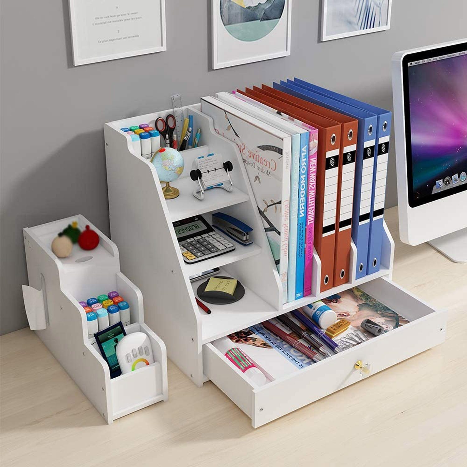 zggzerg Bücherregal Schreibtisch-Organizer, weiß, mit Schublade für Zuhause, Büro
