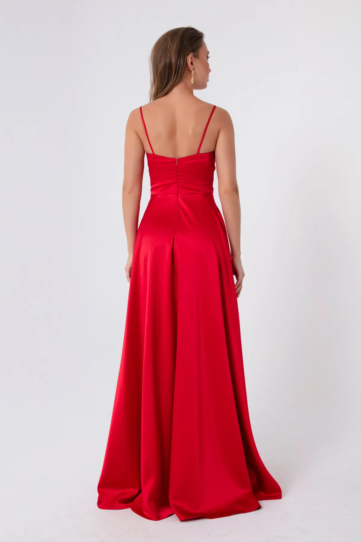Lafaba  Langes Abendkleid aus Satin mit roten Seilträgern und Taillengürtel für Damen & Abschlussballkleid