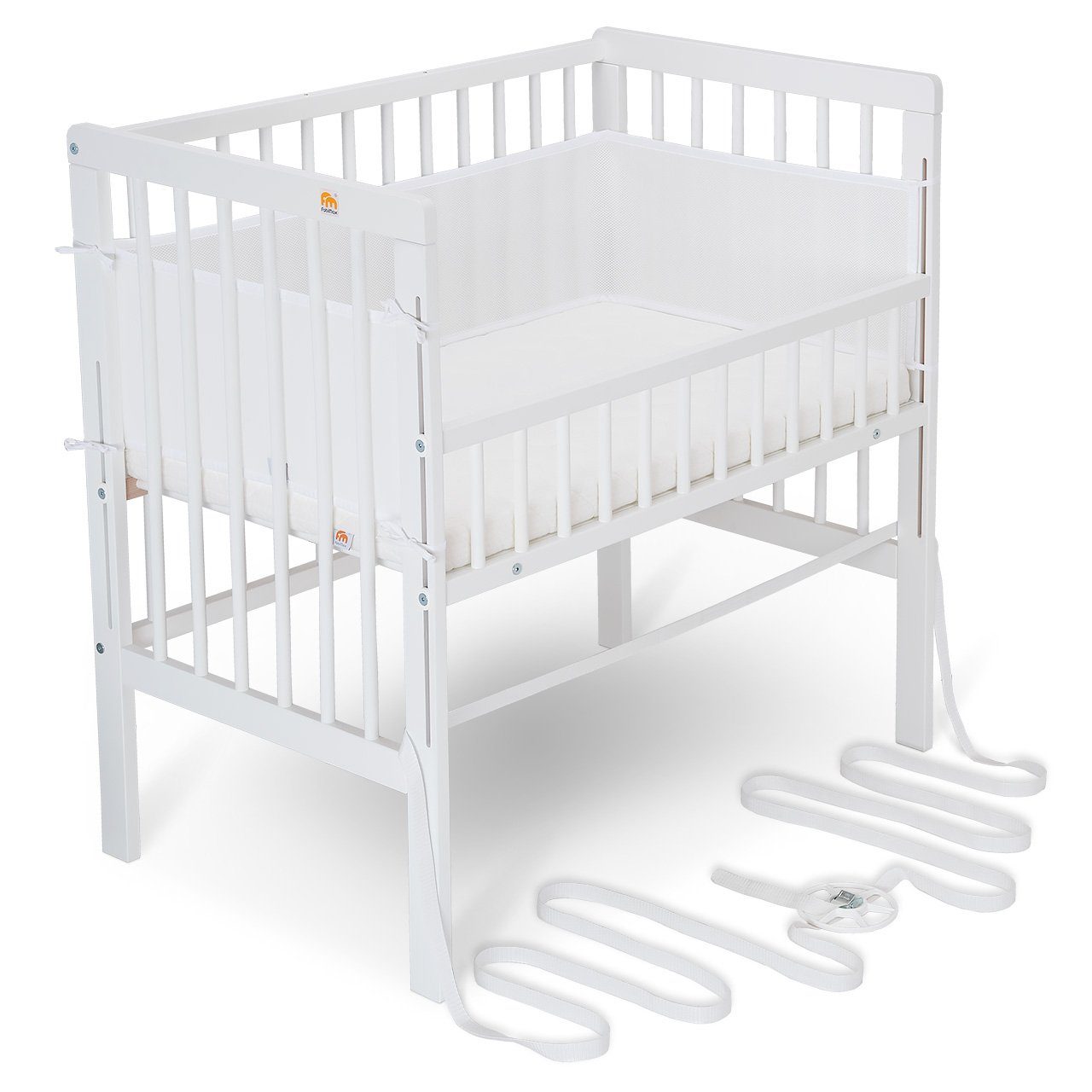 FabiMax Beistellbett Boxspring FIX, weiß lackiert, mit 12cm Rausroll-Schutzgitter, Matratze und Netz-Nestchen