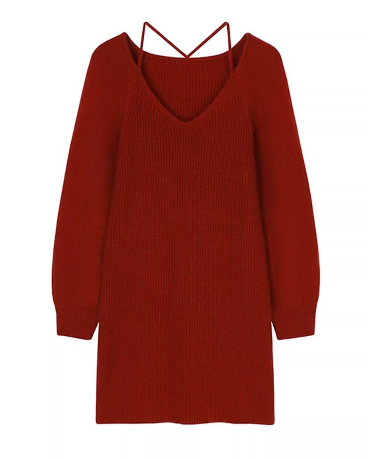 aikidio Stillkleid Roter Retro-Pullover mit V-Ausschnitt, lockerer Strickpullover