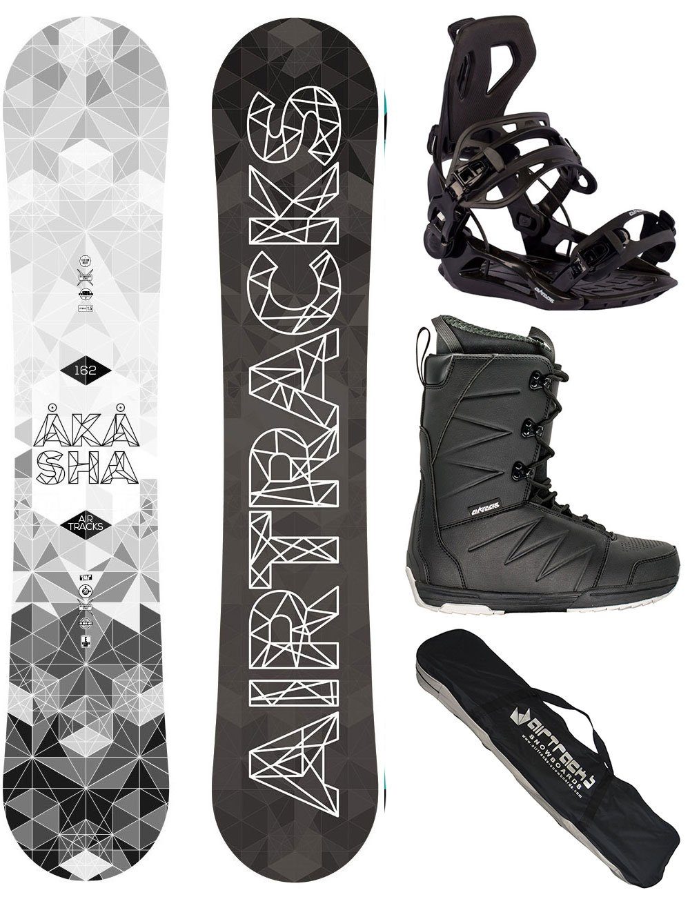 Airtracks Snowboard Snowboard Komplett Set Akasha Wide  Mod. 23 (4er-Pack), Snowboard Rocker + Bindung Master + Boots + Sb / 152 157 159 162 cm