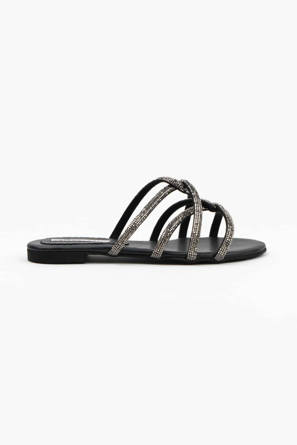 NİŞANTAŞI SHOES  Schwarze, matte Damenhausschuhe mit Steindetail und Kreuzband und flacher Sohle