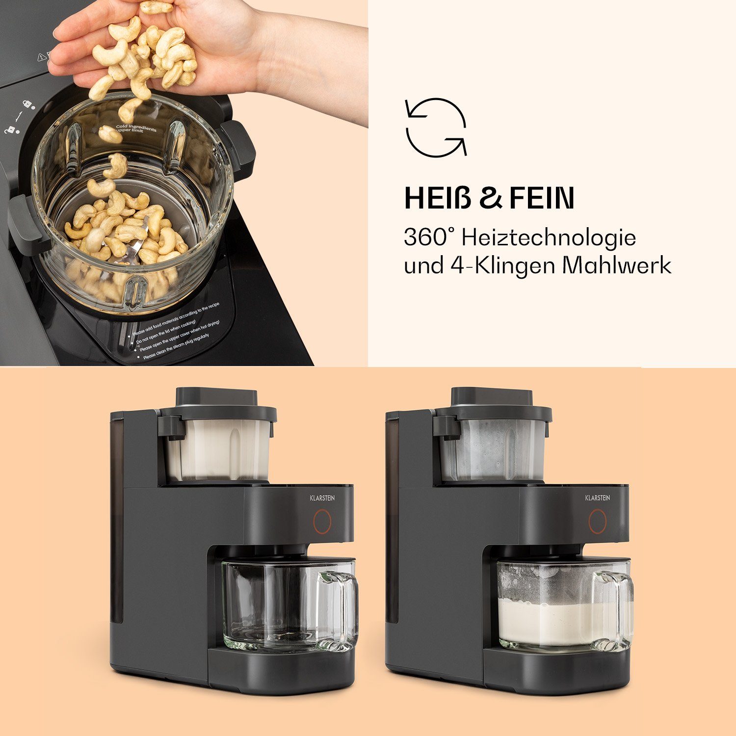 Klarstein Küchenmaschine mit Kochfunktion Marcia Nussmilchbereiter, 1250 W, Stand Mixer Küchenmaschine Milkshake Mixer Küchen