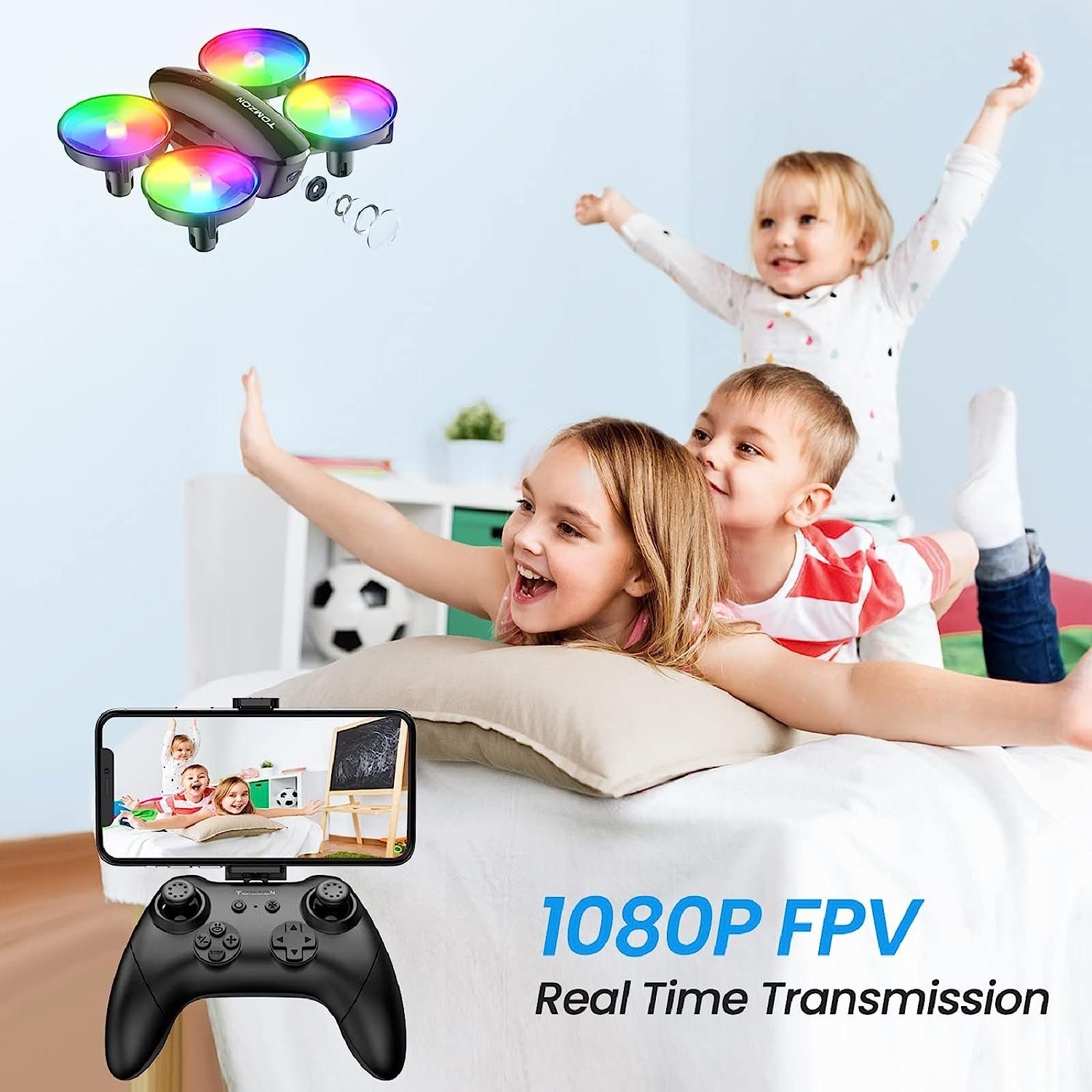 Tomzon mini Drohne mit Kamera für Kinder und Anfänger RC Quadrocopter Drohne (1080P, mit LED Licht, Helikopter ferngesteuert, indoor 360° Propellerschutz)