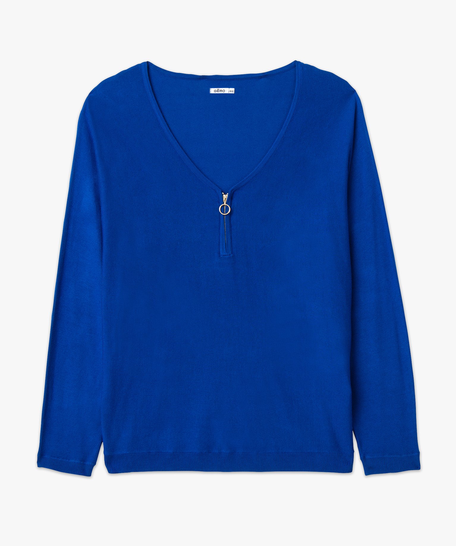 Pull fin avec col V zippé femme grande taille bleu | GEMO