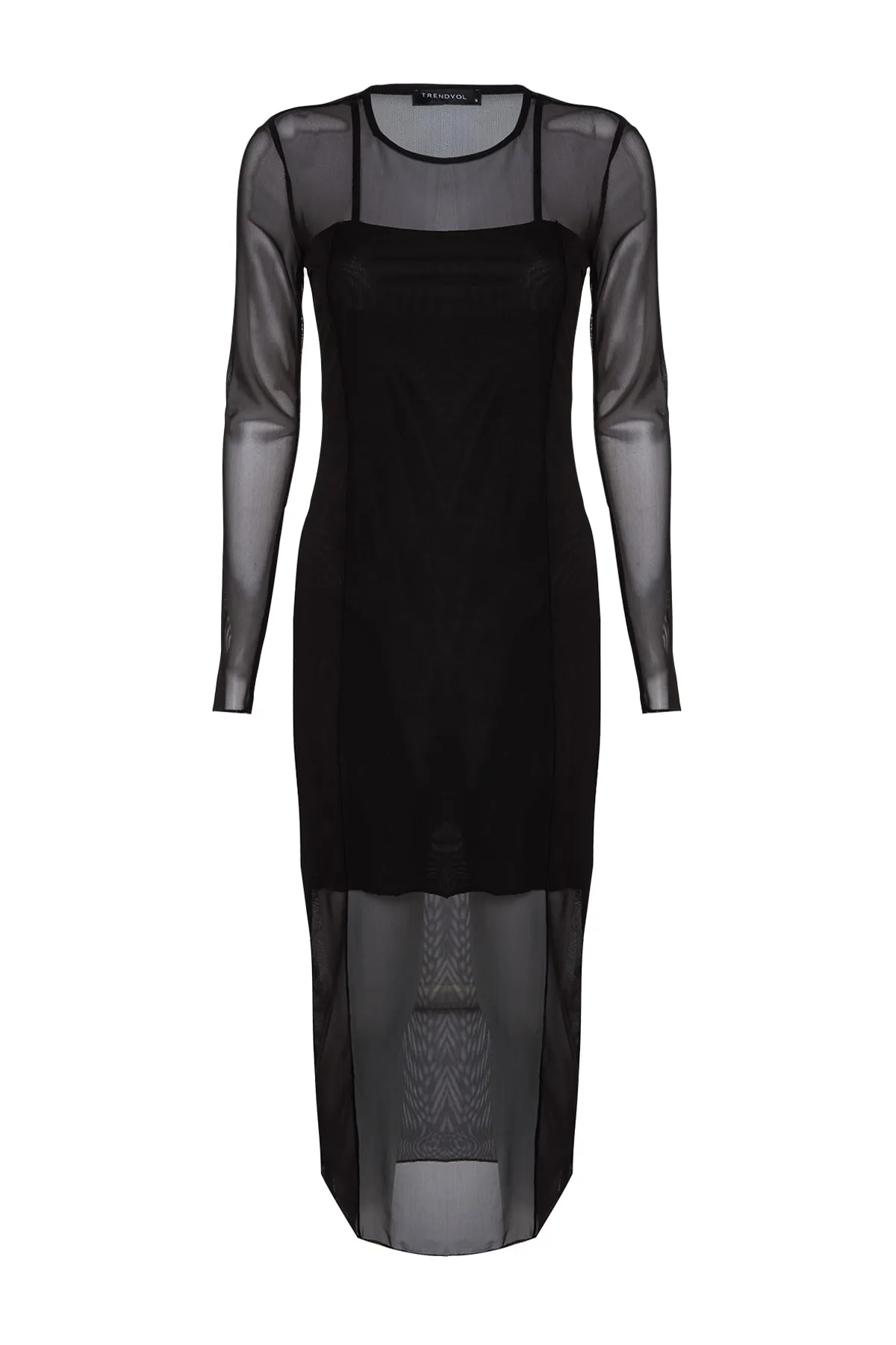 Trendyol Collection  Schwarzes, mit Tüll gefüttertes, figurbetontes Midi-Strickkleid TWOAW24EL00164