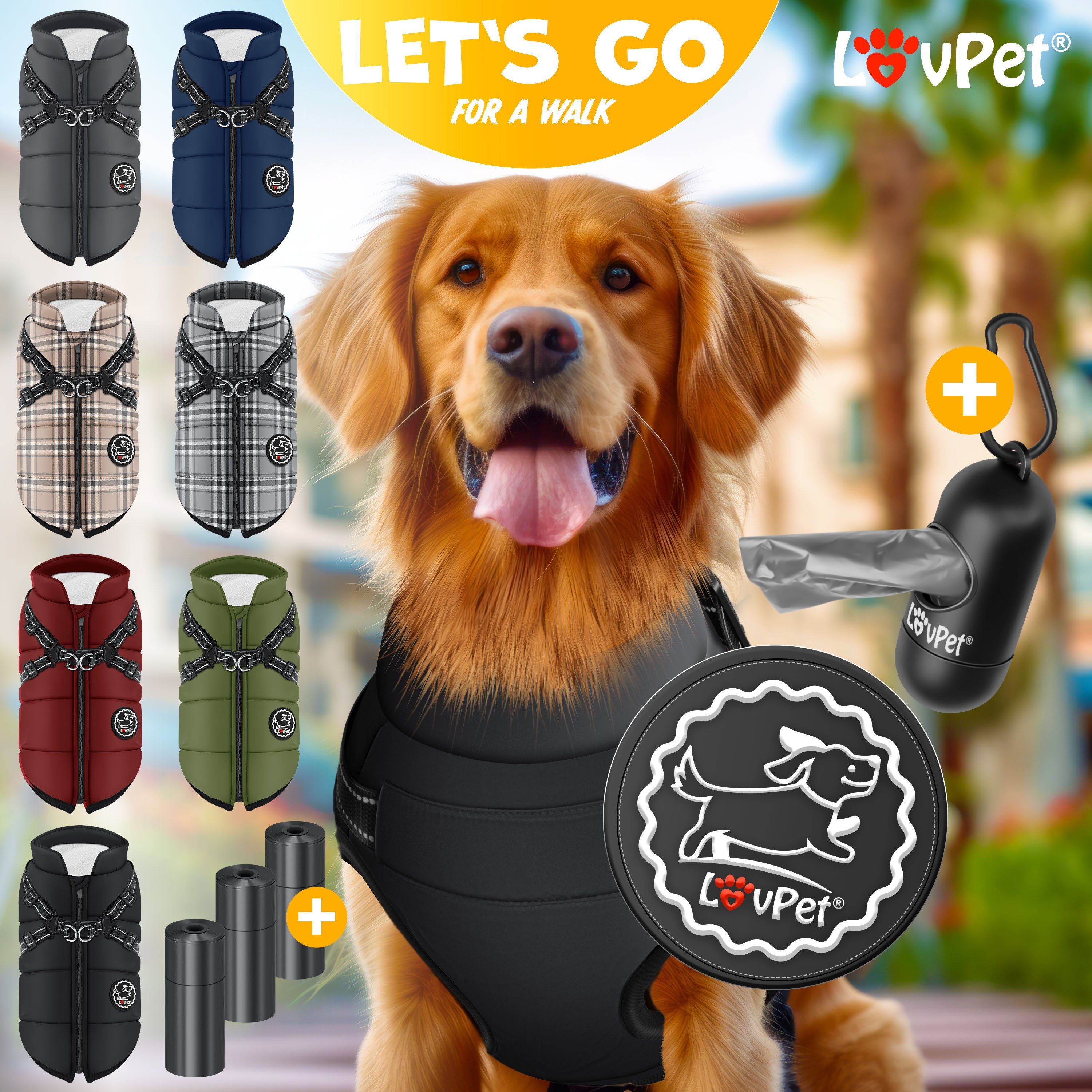 Lovpet Hundejacke, Hundemantel mit Geschirr, inkl. 45 Stück Kotbeutel +Spender