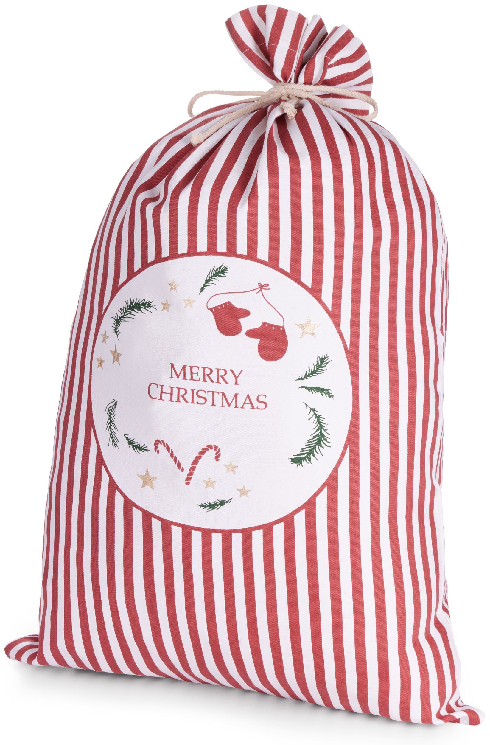 BRUBAKER Aufbewahrungstasche Weihnachtssack Merry Christmas Rot Weiß - 80 cm Geschenksack (1-tlg., Tanne, Sterne, Zuckerstange und Handschuhe), Nikolaussack Sack Baumwolle mit Kordel für Geschenke