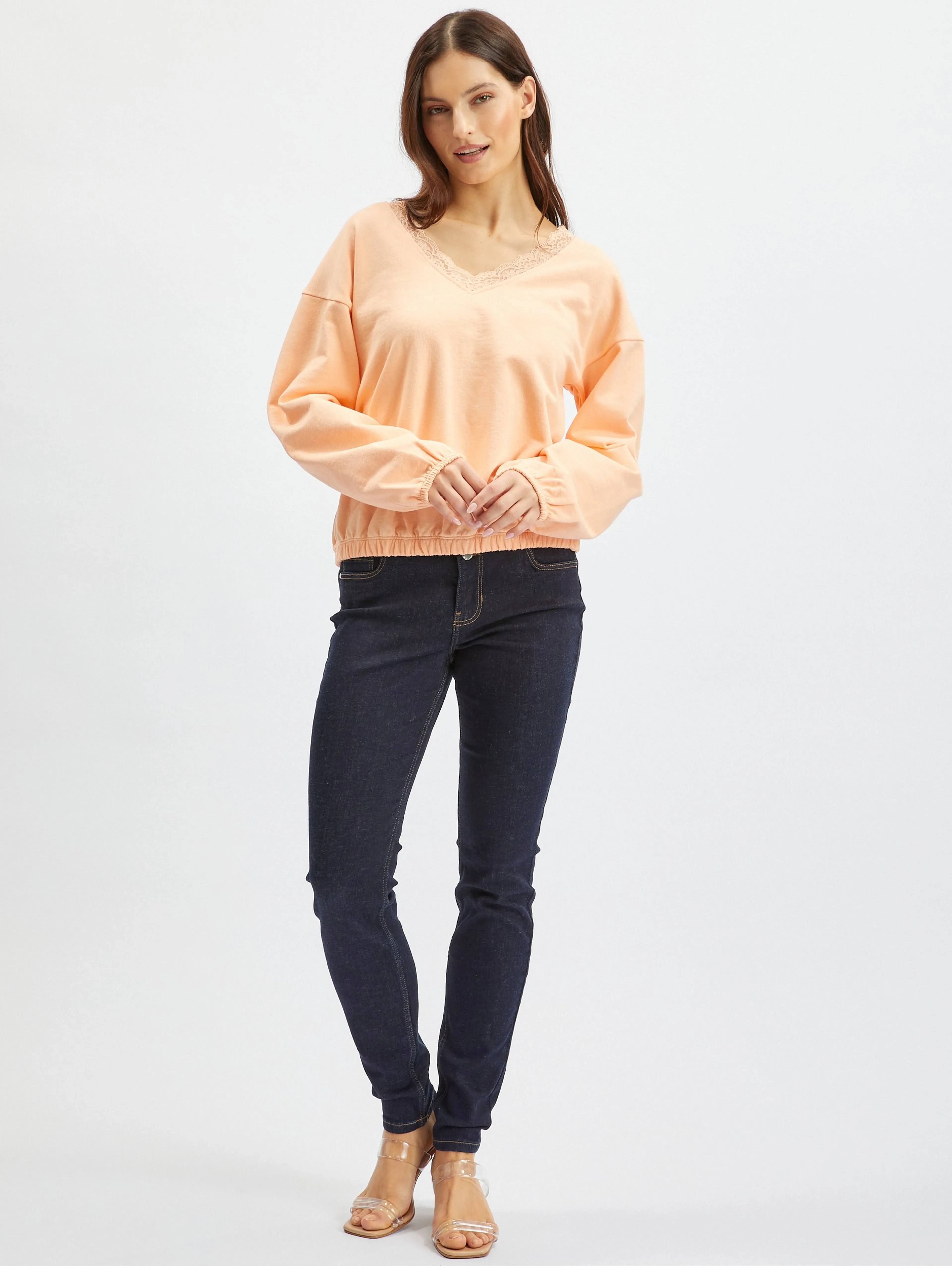 Apricotfarbenes Damen-Sweatshirt mit Spitze ORSAY