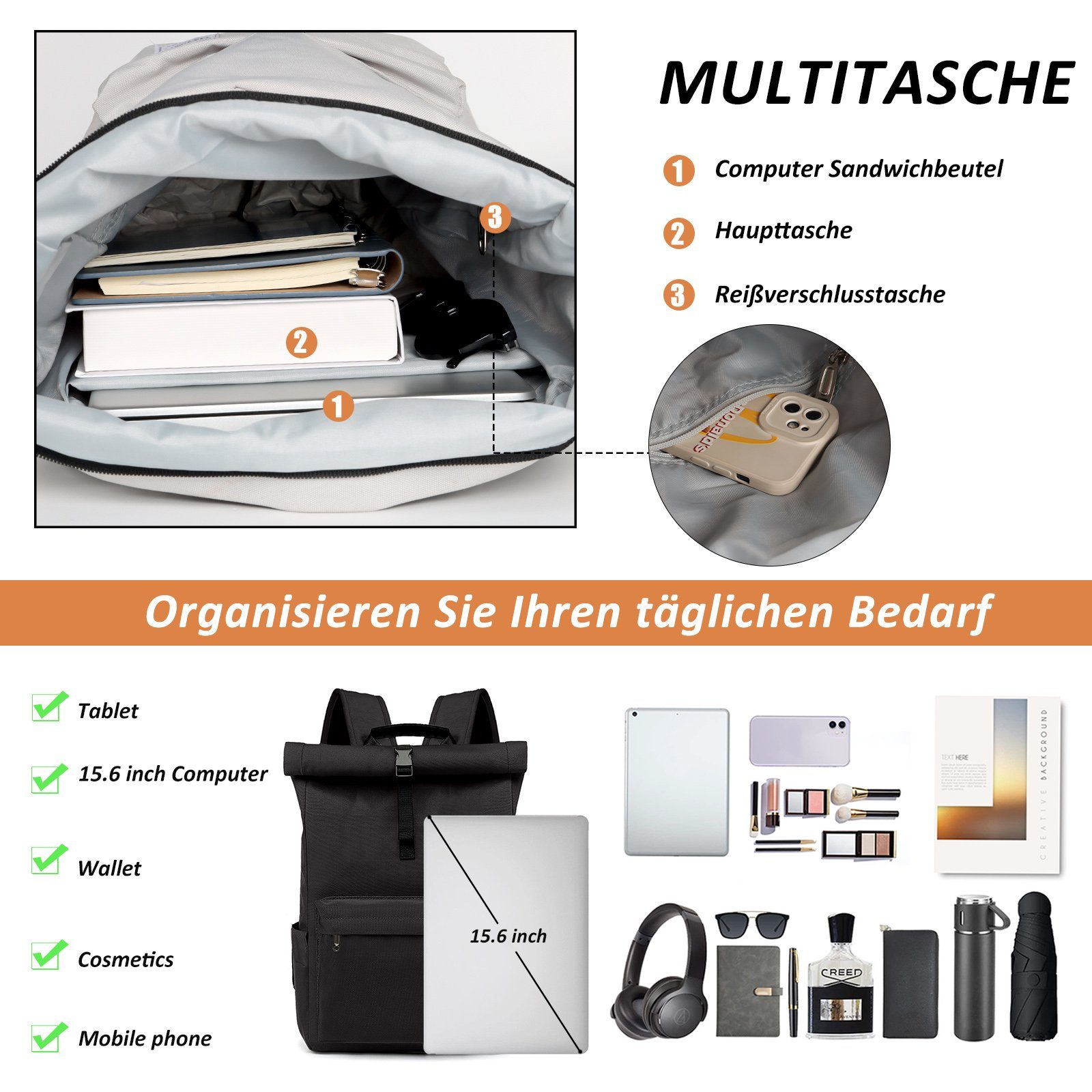 TAN.TOMI Cityrucksack Rucksack Damen Herren Tagesrucksack mit Laptopfach, Modern Rolltop Rucksack Daypack, Wasserdichter