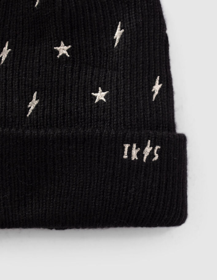 Bonnet noir tricot brodé étoiles et éclairs dorés fille