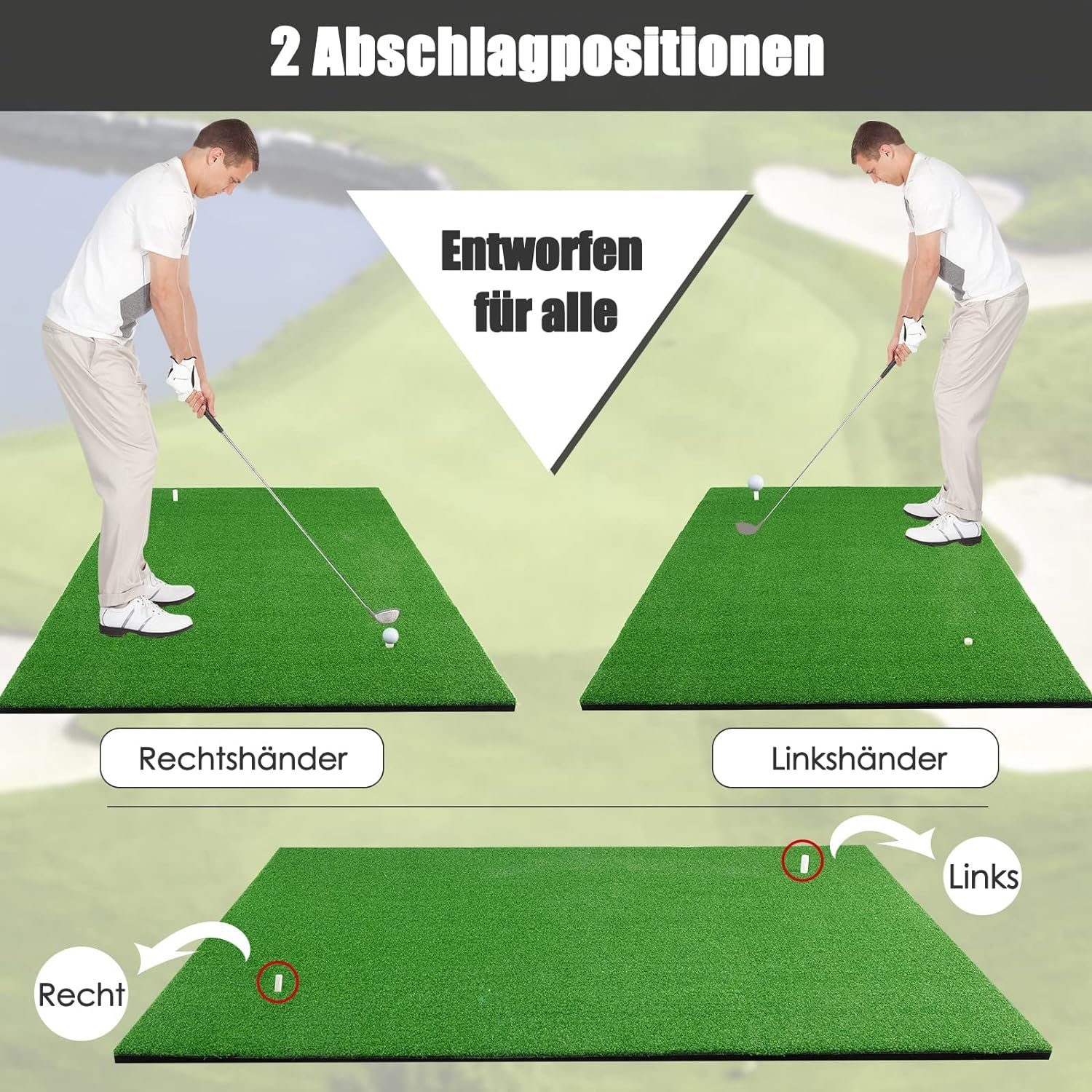 KOMFOTTEU Golf-Abschlagmatte, 1,5× 1m, mit 3 Gummi Tees & 2 Abschlagpositionen