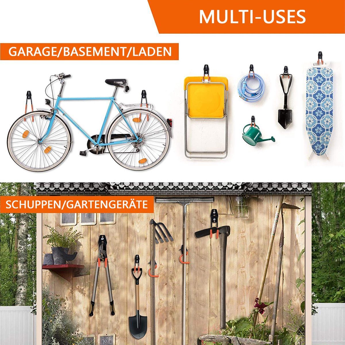 BOTC Wandhaken Garage Doppelhaken, Schwerlast Wandhaken Schwerlast Garage, Garage, Garten, Laden, Keller, Lagerhaus, (set, 16-St., 16 Haken, 32 Paar Wanddübel und Schrauben), Garagenhaken - Werkzeughaken - Gartengerätehaken