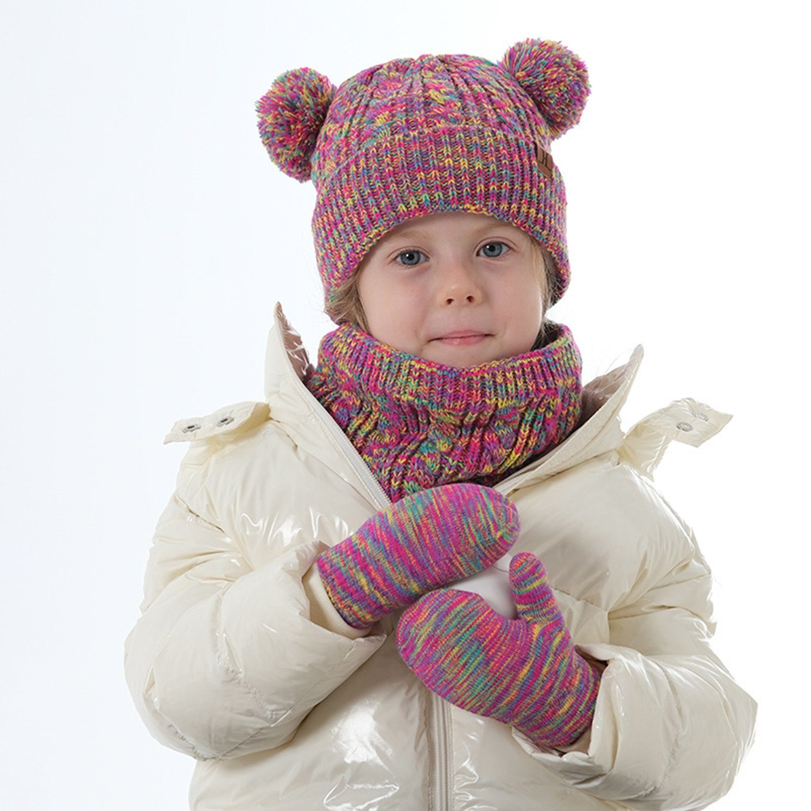 Rutaqian Mütze & Schal 3in1 Kinder Wintermütze Schal Handschuhe Set Wintermütze Beanie Hut Handschuhe Schal Set für Kinder 3-10 Jahre