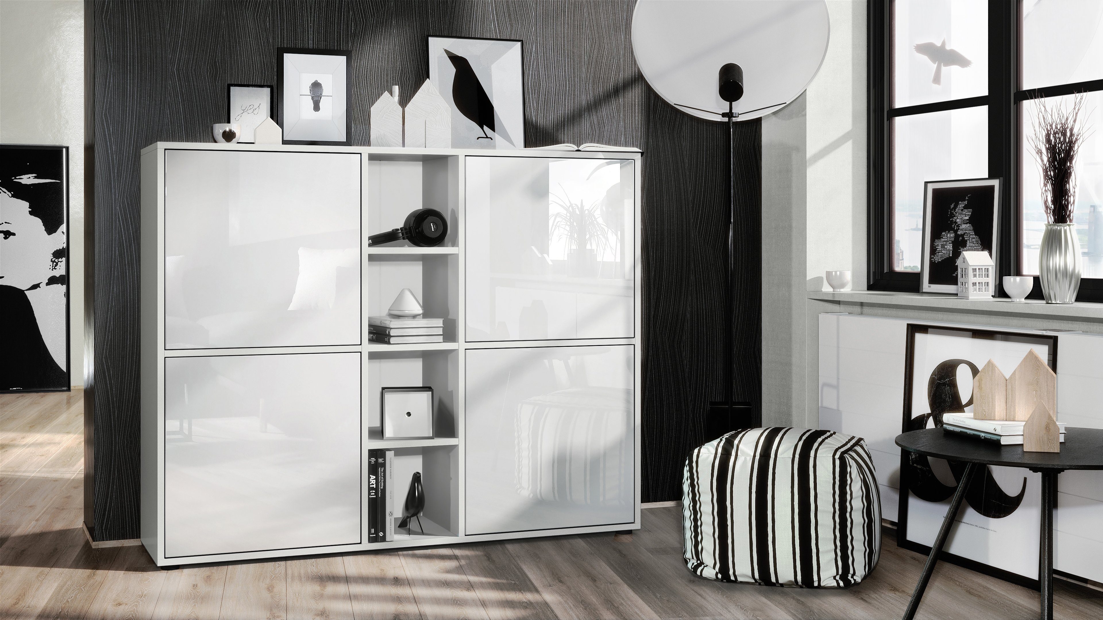 Vladon Highboard Cuba (Highboard, Schrank Anrichte Cuba V3 mit 12 Fächern), Korpus in Weiß matt / Fronten in Weiß Hochglanz (130,5x105,5x35,5 cm)
