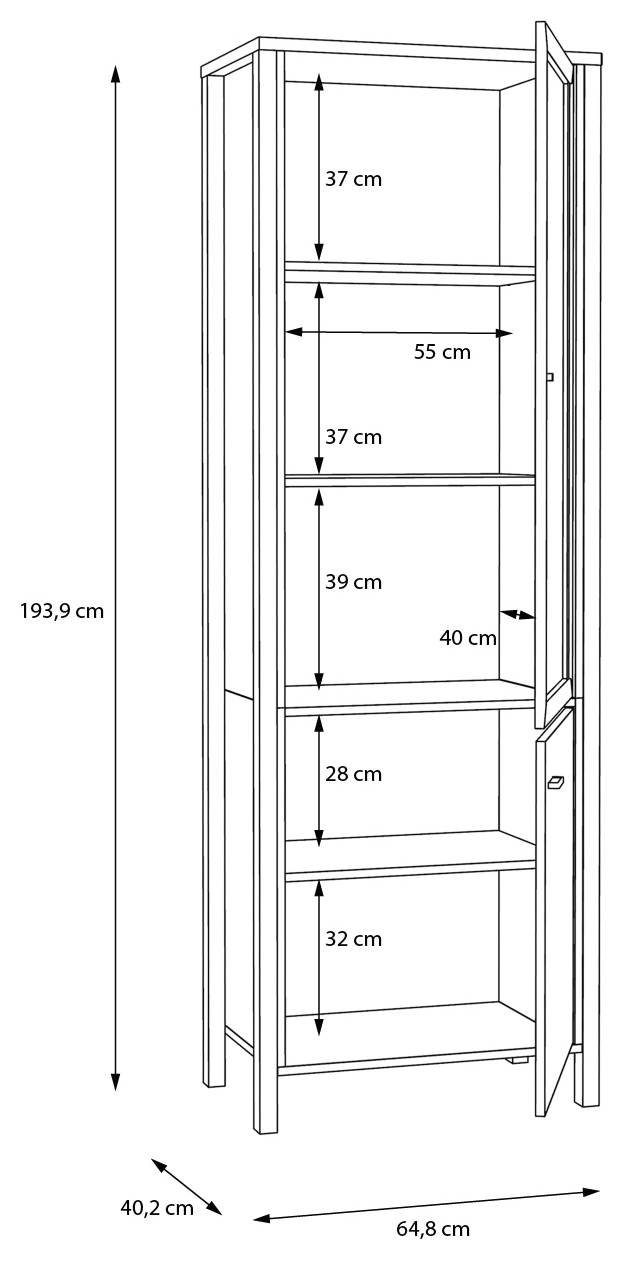 Forte Möbel Wohnwand Wohnwand HIGH ROCK 4-tlg. mit Beleuchtung Riviera Eiche Optik Schwarz, (Komplett-Set, 4-St., Highboard, Lowboard, Wandboard, Vitrine)