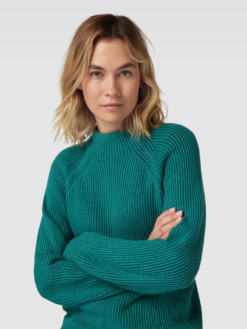 Strickpullover mit Lanawoll-Anteil und Rippenstruktur in petrol