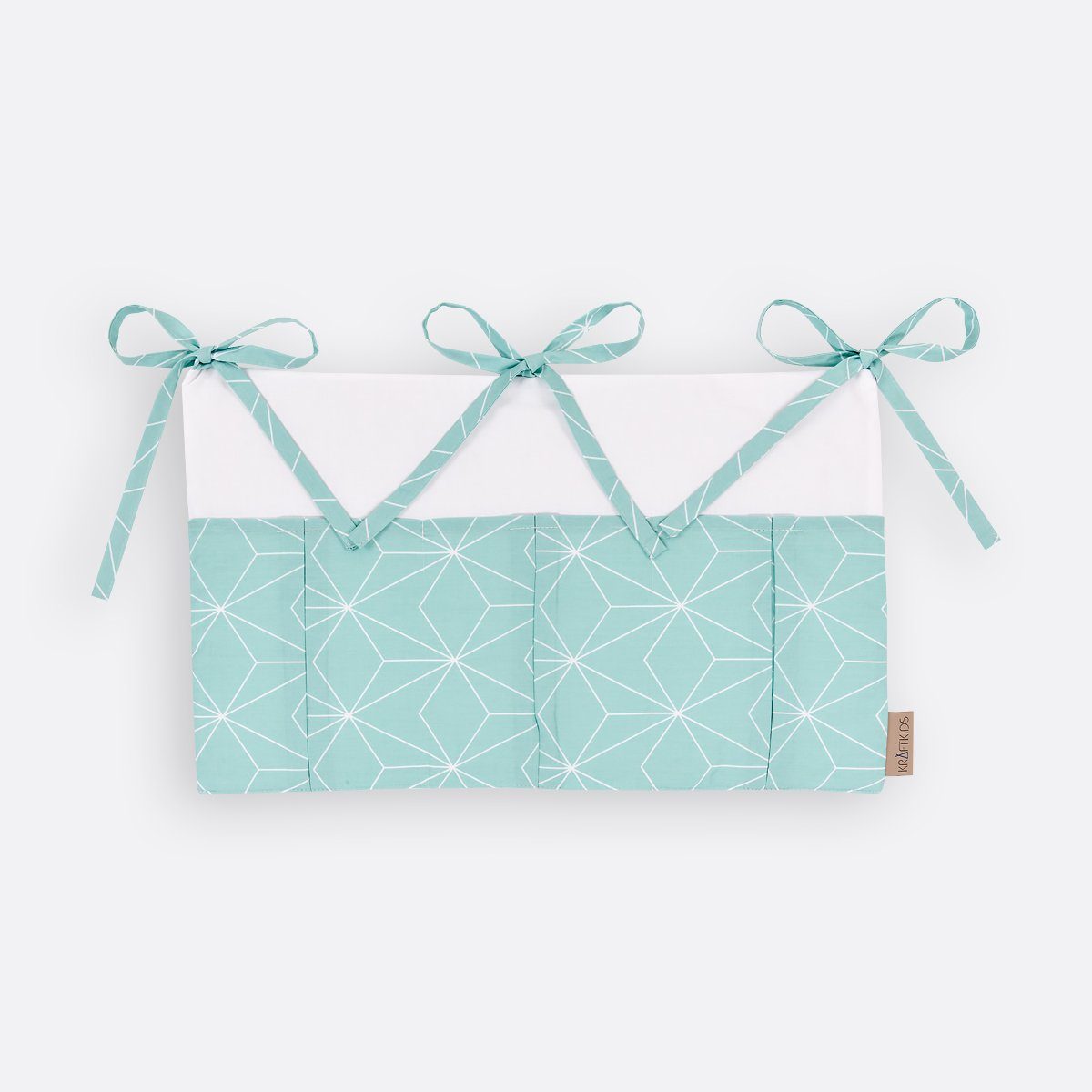 KraftKids Betttasche weiße dünne Diamante auf Mint, mit drei Fächern, innen mit Polyestervlies versteift