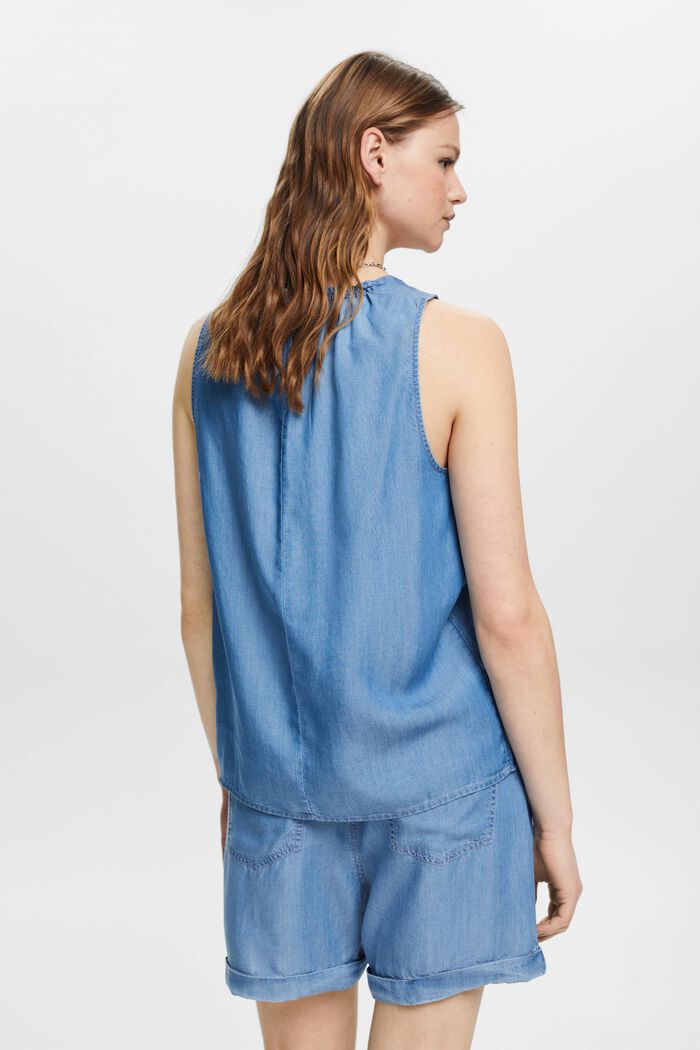 Ärmellose Bluse in Denim-Optik mit Rüschen