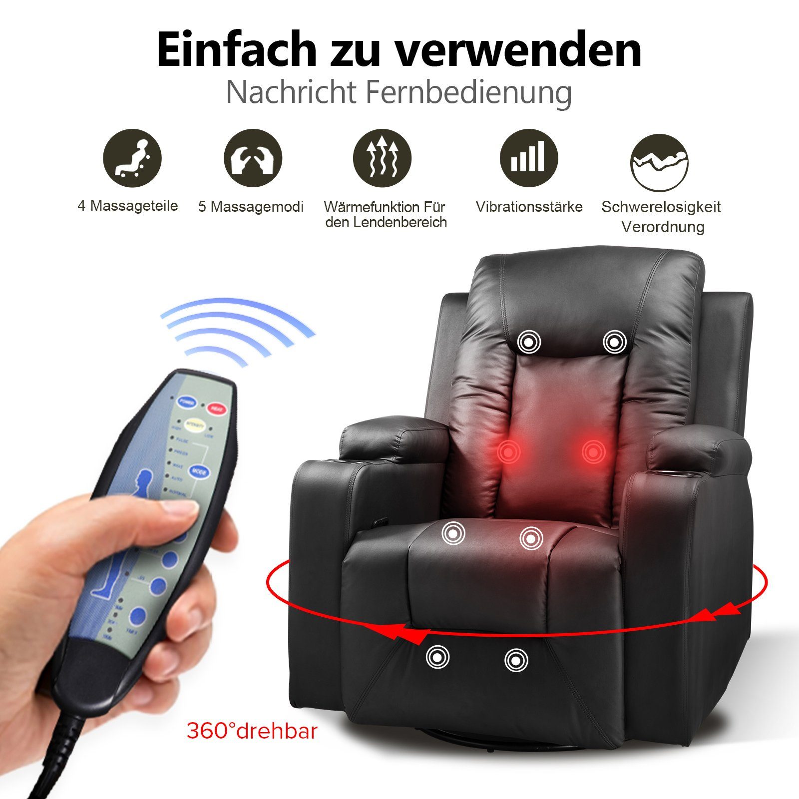 COMHOMA Relaxsessel Massagesessel Fernsehsessel mit Liegefunktion Vibration Heizung, Dicke Rückenlehne und Armlehnen, mit Wippfunktion, 360°drehbar