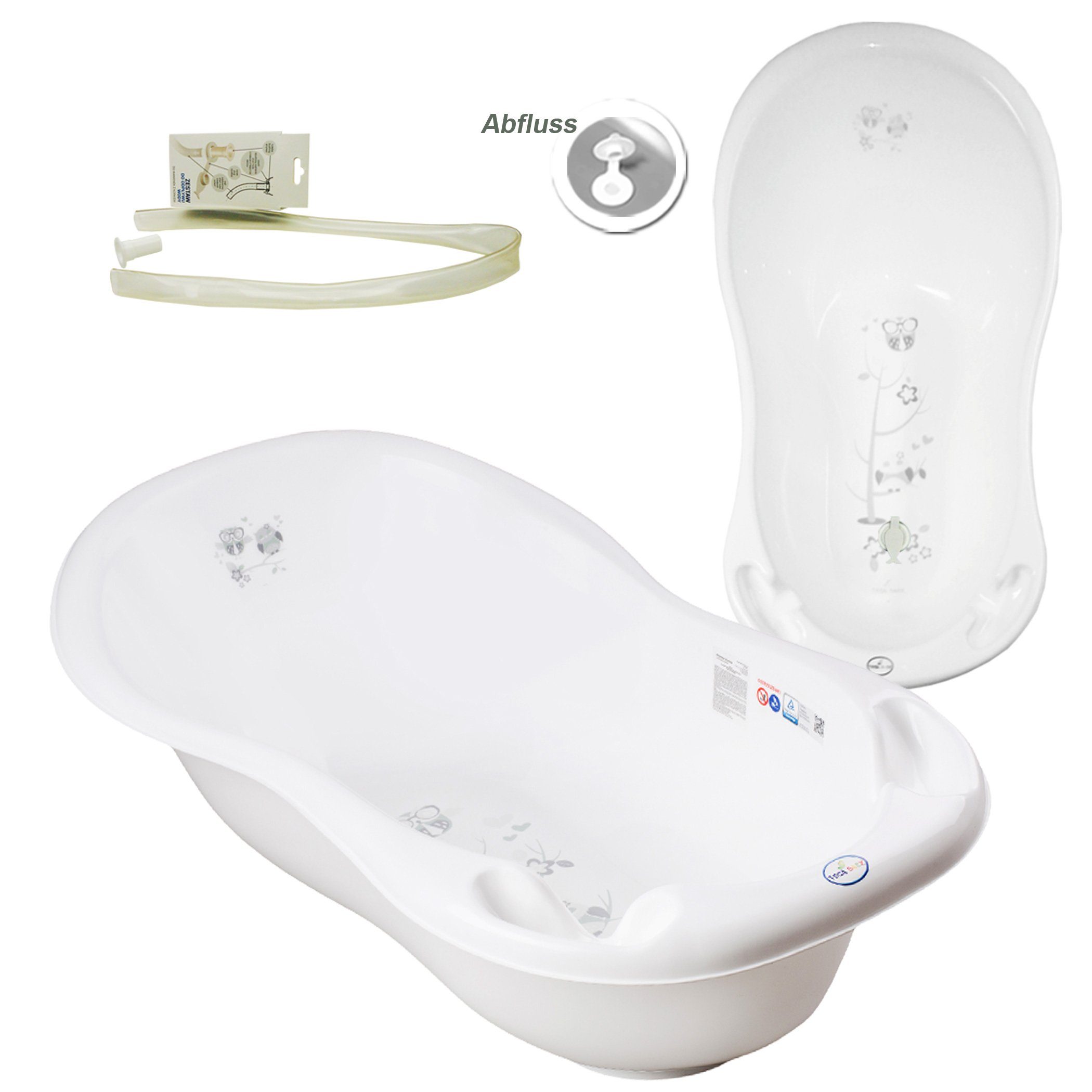 Tega-Baby Babybadewanne 6 Teile SET AB EULE + Ständer Weiß - Abflussset Baby Wanne, (Premium.set Made in Europe), Wanne+ Badesitz+ Töpfchen+ WC Aufsatz+ Hocker+ Ablauf Set+ Ständer