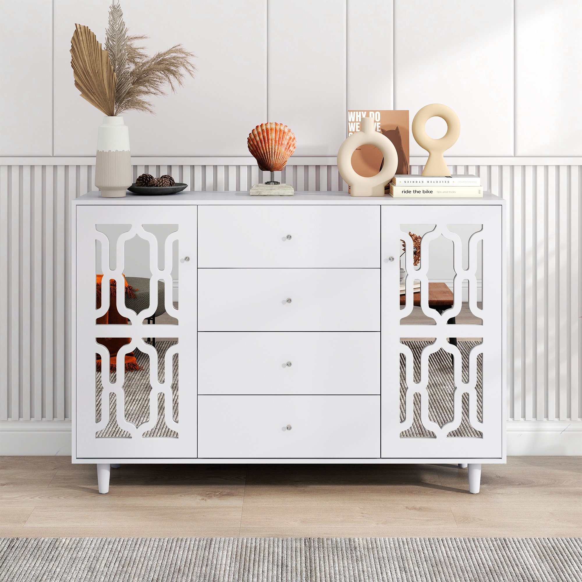 Merax Sideboard mit Spiegelelementen und geometrischem Trellis-Muster, Kommode mit vier Schubladen und Spiegelfront, Anrichte, Breite:148cm