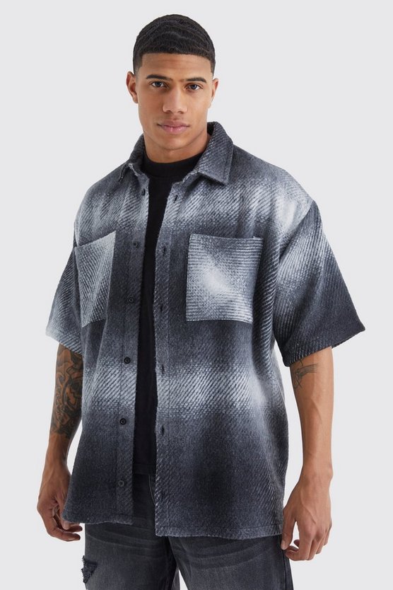 Kurzärmliges kariertes Oversize Overshirt aus Fleece