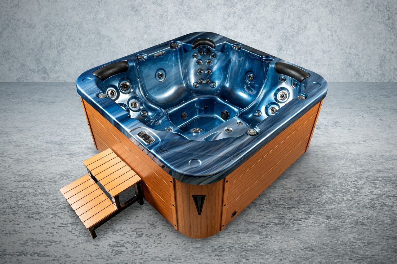 PureHaven Outdoor-Whirlpool 215x215 cm für 5 Personen mit 53 Massagedüsen Heizung Farblicht und Thermoabdeckung UV-Wasseraufbereitung 2 Liegeflächen